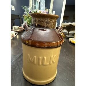 Vintage Enesco Ceramic Milk Jug Vase Brown Tan Stoneware Farmhouse Crock 6.5in